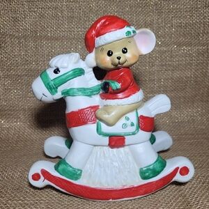 Vintage Porcelain Christmas Music Box Santa Mouse On Rocking Horse